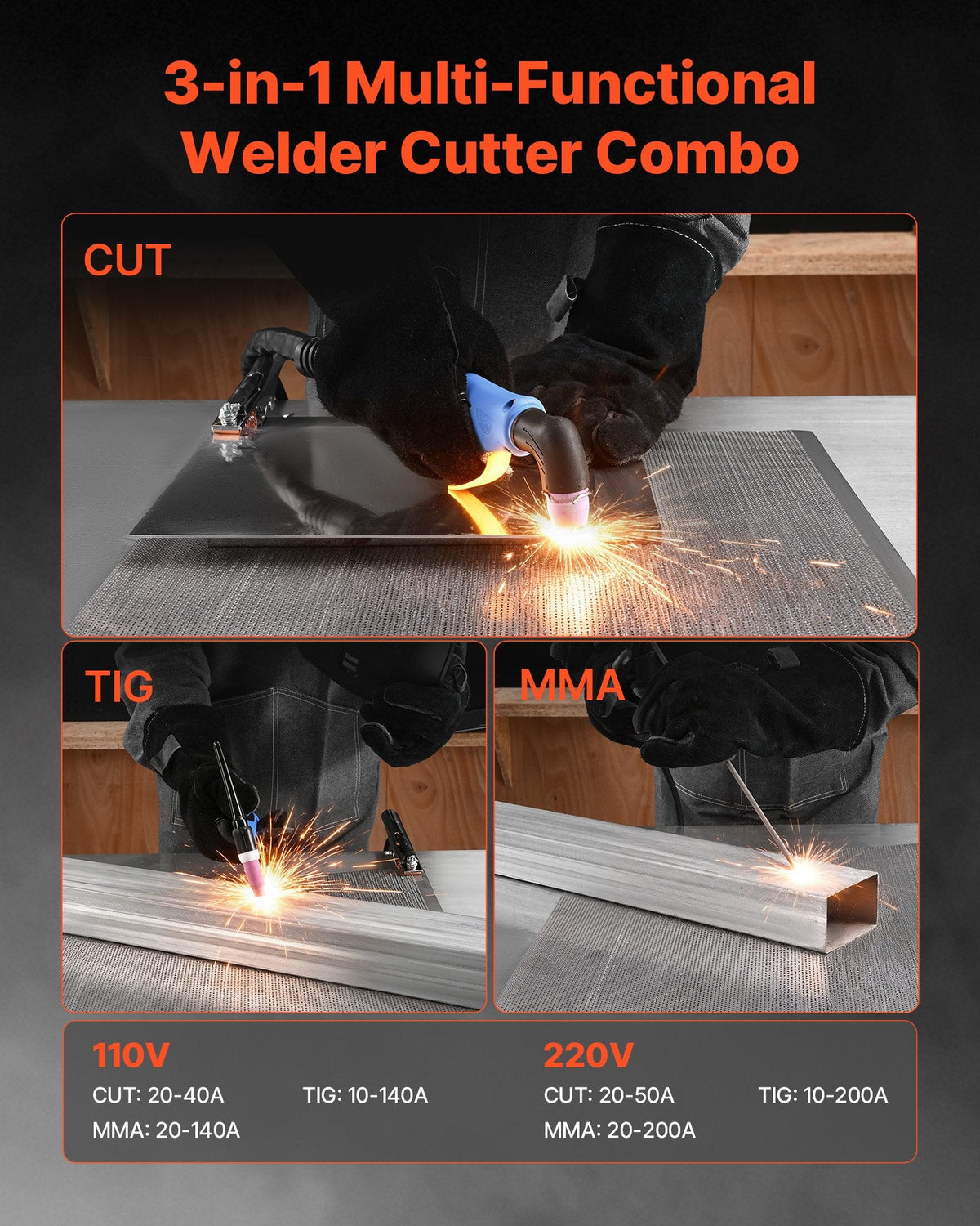 Vevor Plasma Cutter Welder Combo CUT/TIG/MMA 50A Non-Contact Cutting 200A TIG Stick 110/220V New