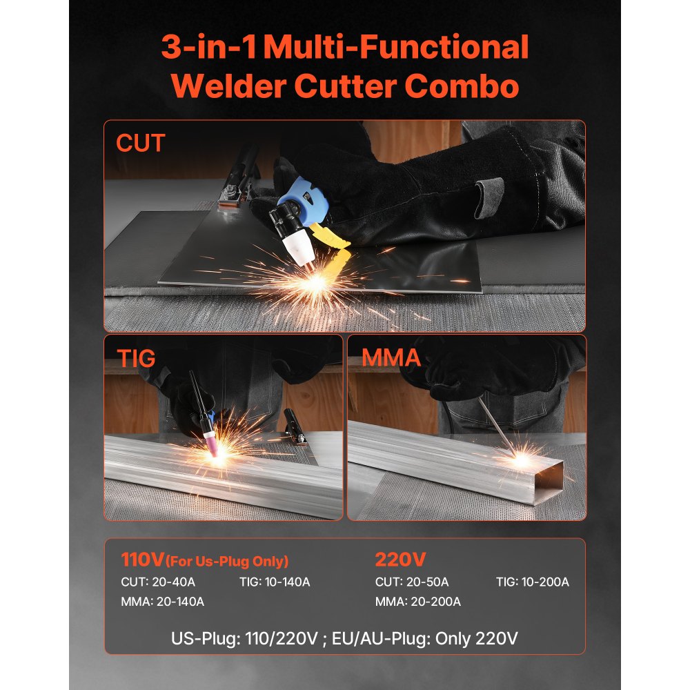Vevor Plasma Cutter Welder Combo CUT/TIG/MMA 50A Contact Cutting 200A TIG Stick 110/220V New