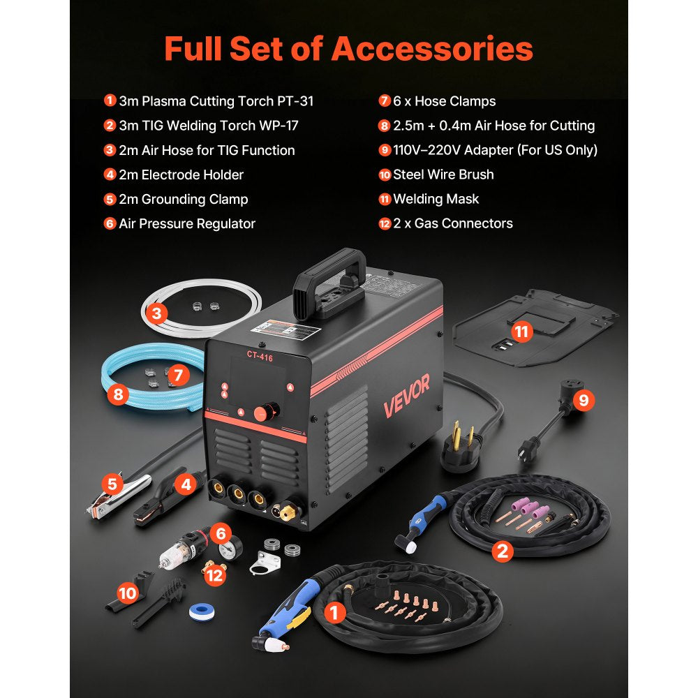 Vevor Plasma Cutter Welder Combo CUT/TIG/MMA 50A Contact Cutting 200A TIG Stick 110/220V New