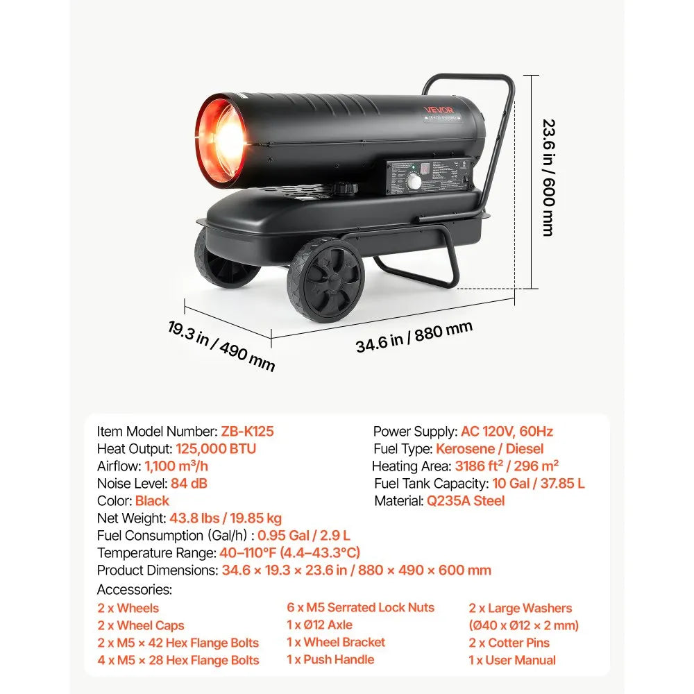 Vevor Kerosene Heater 125000 BTU Forced Air Diesel Torpedo Space Heater New
