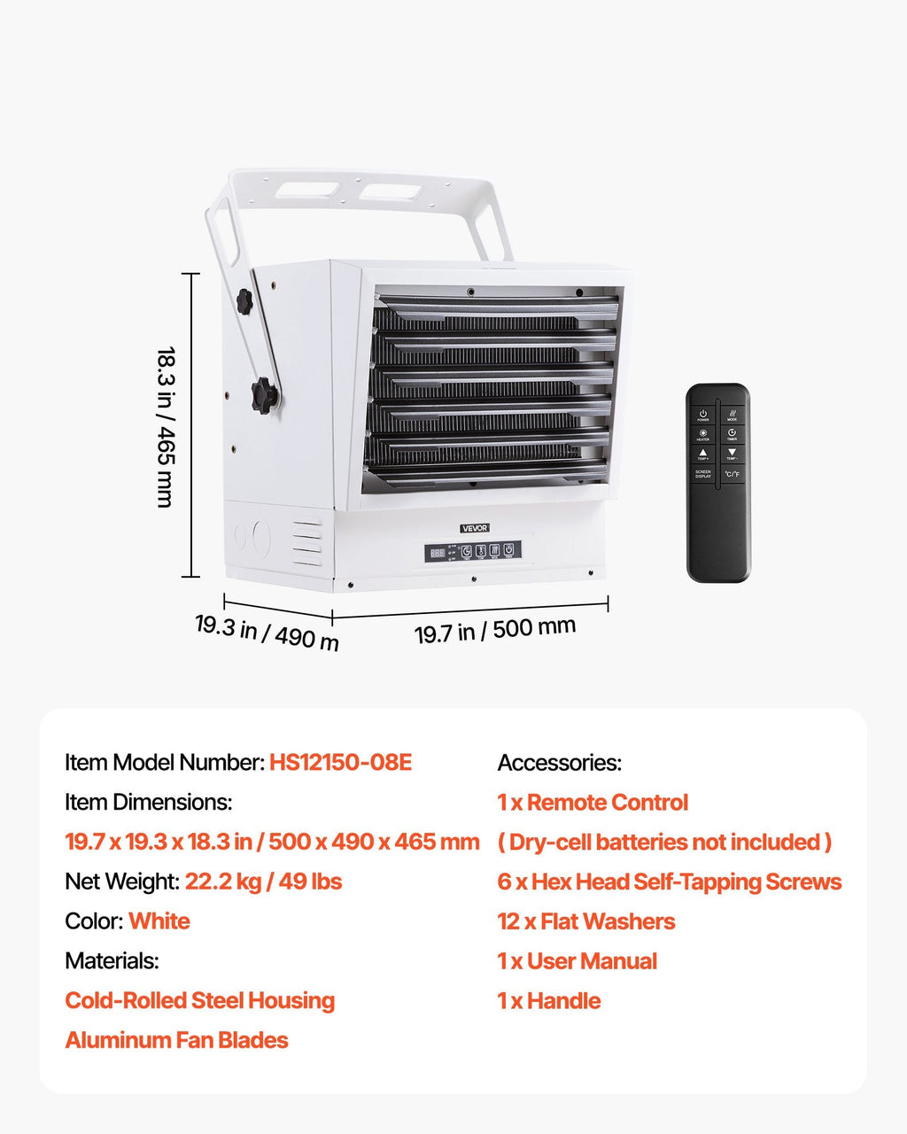 Vevor Electric Garage Heater 15,000W Wall/Ceiling Mounted with Remote Control 240V New