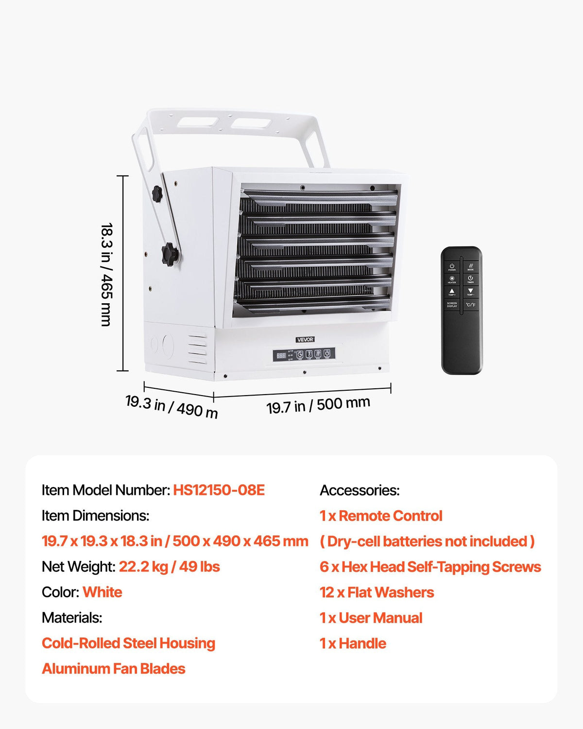 Vevor Electric Garage Heater 15,000W Wall/Ceiling Mounted with Remote Control 240V New