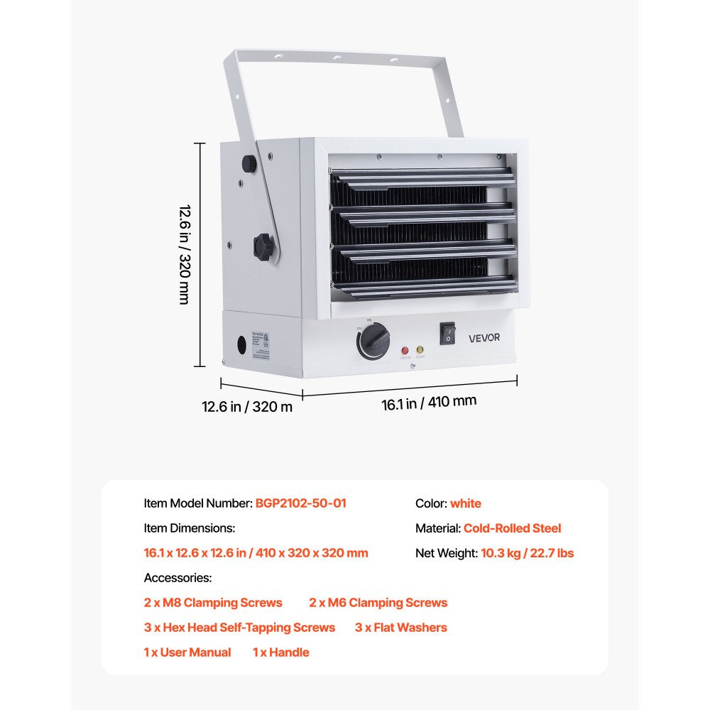 Vevor Electric Garage Heater 5000W Wall/Ceiling Mounted Shop Heater for 2 Cars 240V White New