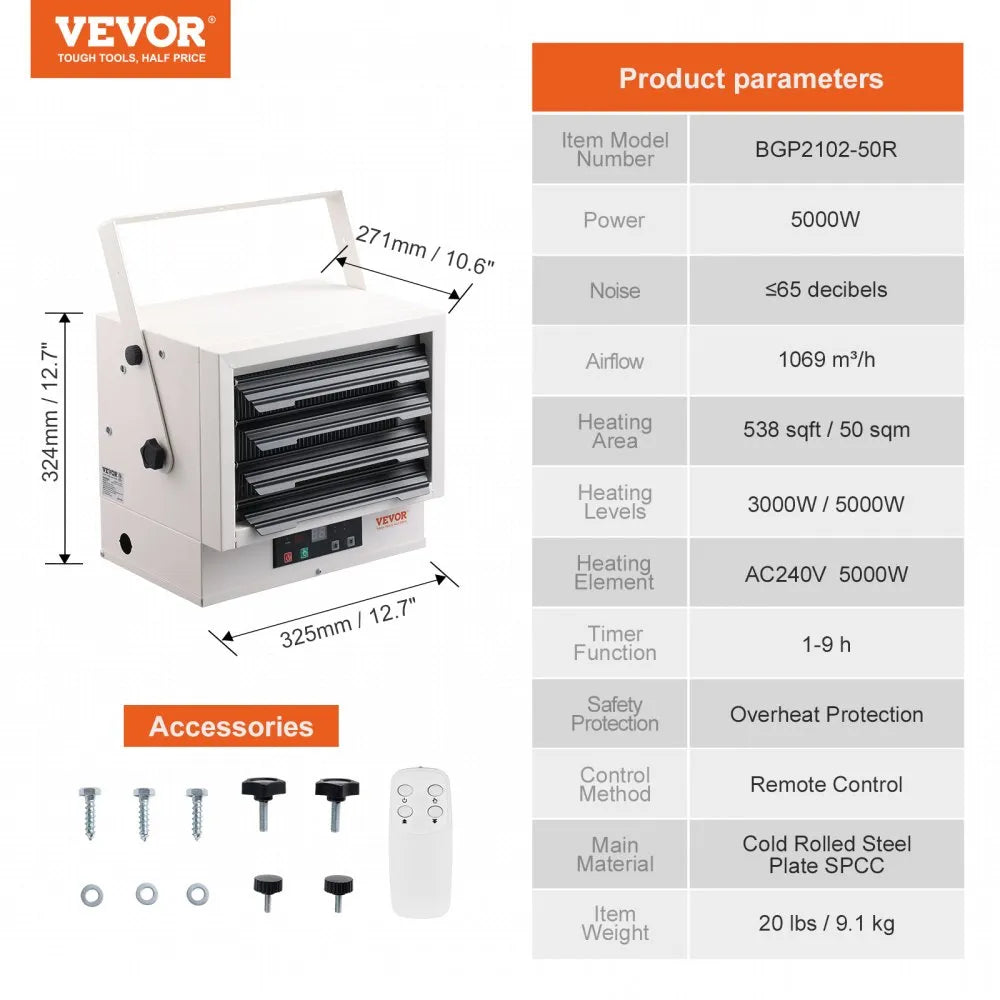Vevor Electric Garage Heater 5000W Wall/Ceiling Mount Shop Heater with Remote Control New