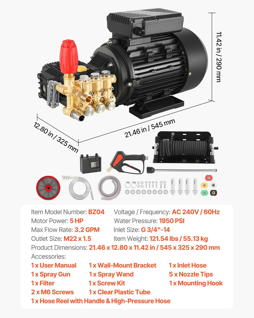 Vevor Electric Pressure Washer Pump Kit 1950 PSI 3.2 GPM with Wall Mount Hose Reel 240V New