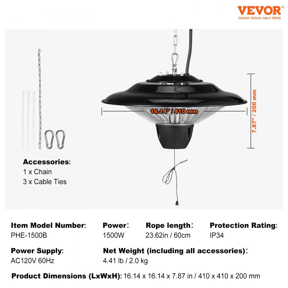 Vevor Patio Heater Hanging Infrared 1500W Outdoor Indoor Electric Space Heater New