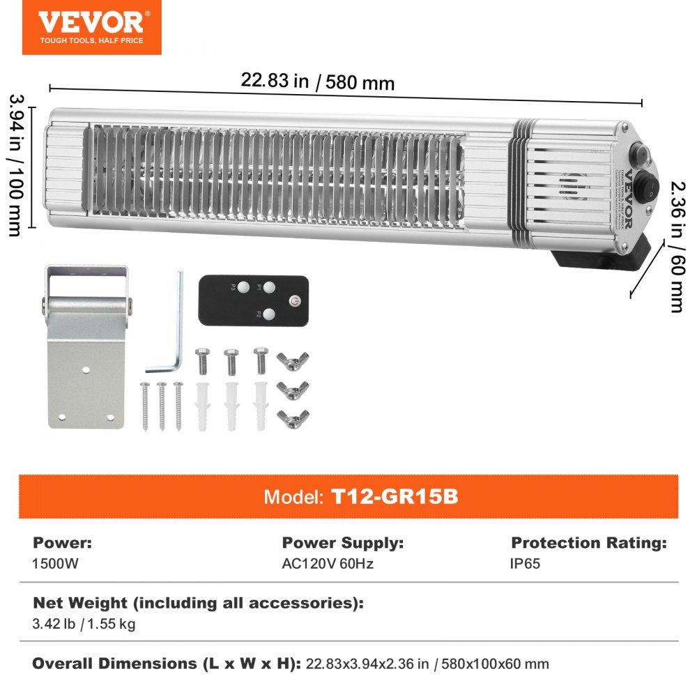 Vevor Infrared Heater 1500W Outdoor Wall Mount with Remote Control New