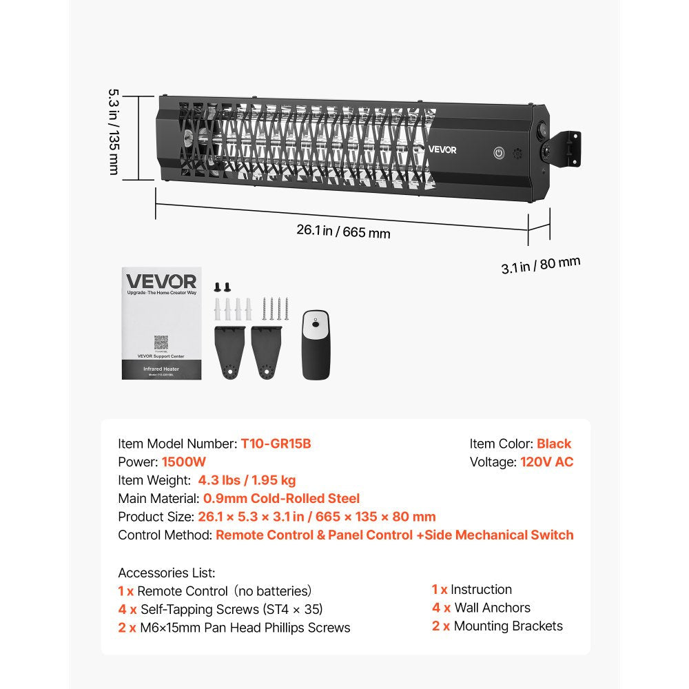 Vevor Infrared Heater 1500W Outdoor Electric Space Heater Black New