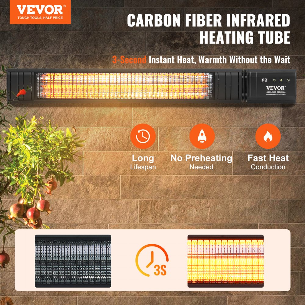 Vevor Infrared Heater 1500W Carbon Outdoor Wall Mount with Remote & 24H Timer New