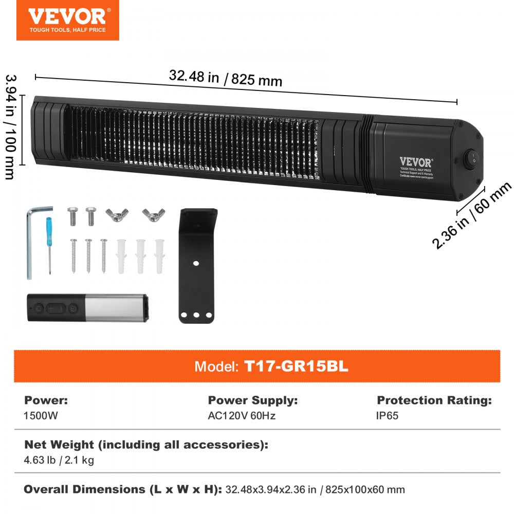 Vevor Infrared Heater 1500W Carbon Outdoor Wall Mount with Remote & 24H Timer New