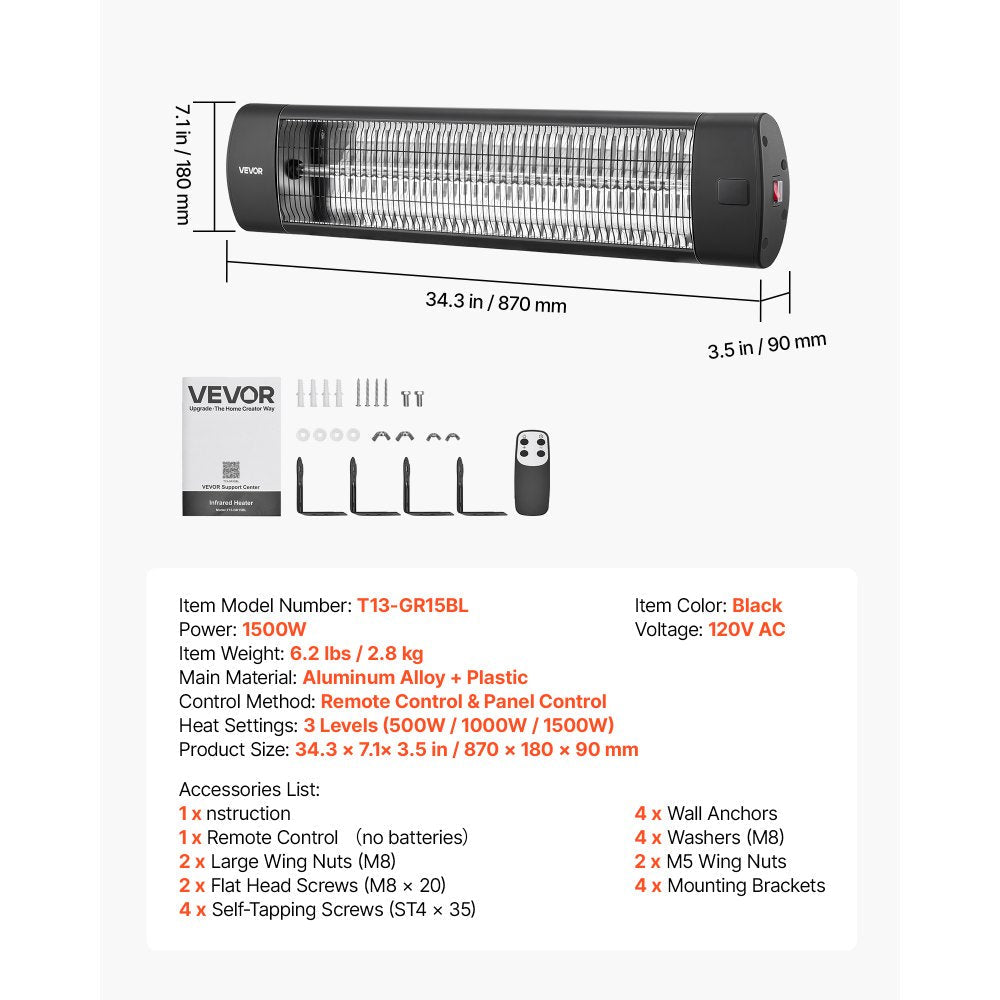 Vevor Infrared Heater 1500W Outdoor Electric Space Heater with Remote New