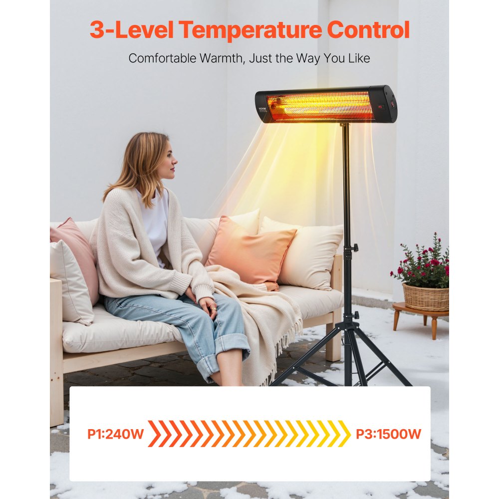 Vevor Infrared Heater 1500W Electric Space Heater with Remote Control, LED Screen, 3 Speeds & Timer New
