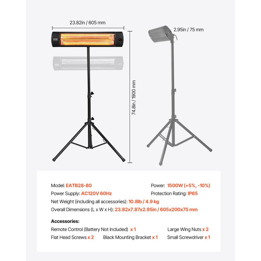 Vevor Infrared Heater 1500W Electric Space Heater with Remote Control, LED Screen, 3 Speeds & Timer New