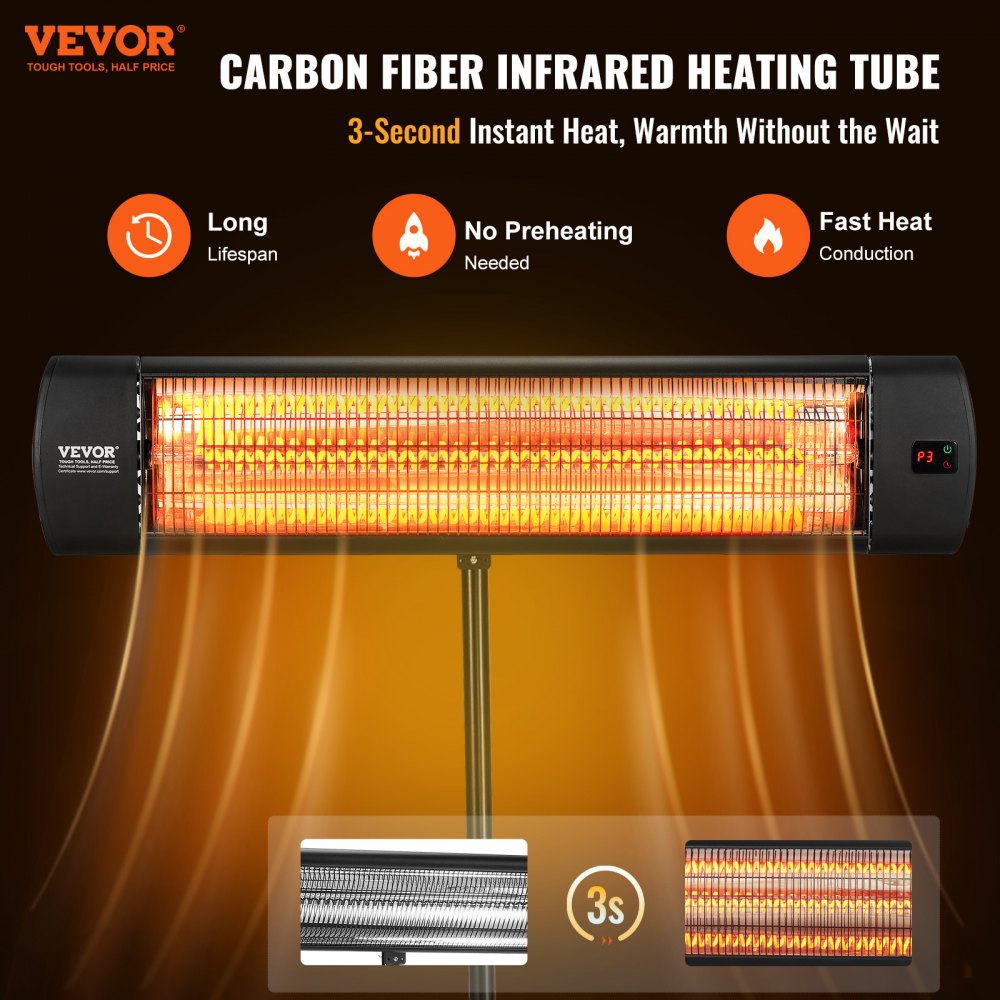 Vevor Infrared Heater 1500W Patio Space Heater with Remote, LED Display, Timer & Stand New