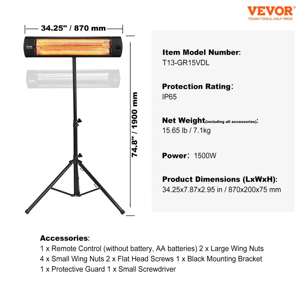 Vevor Infrared Heater 1500W Patio Space Heater with Remote, LED Display, Timer & Stand New
