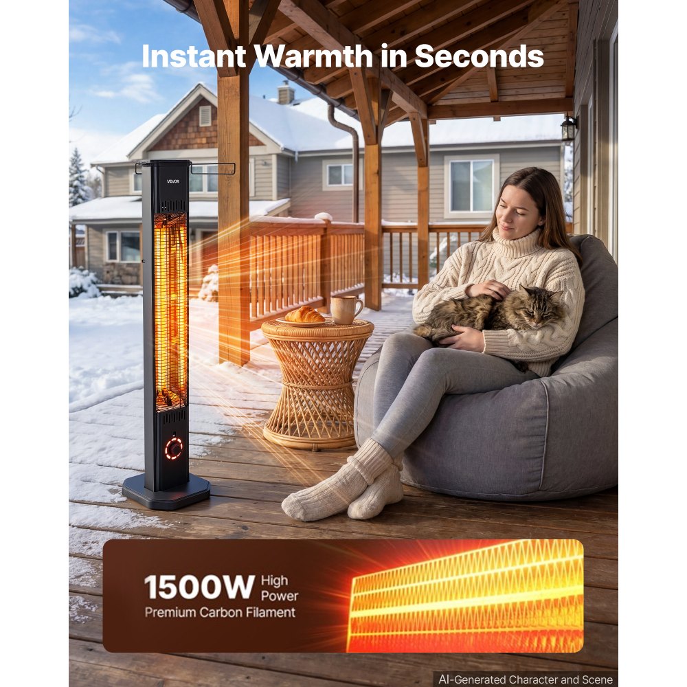 Vevor Infrared Heater 1500W Outdoor Electric Space Heater with Remote Control Black New