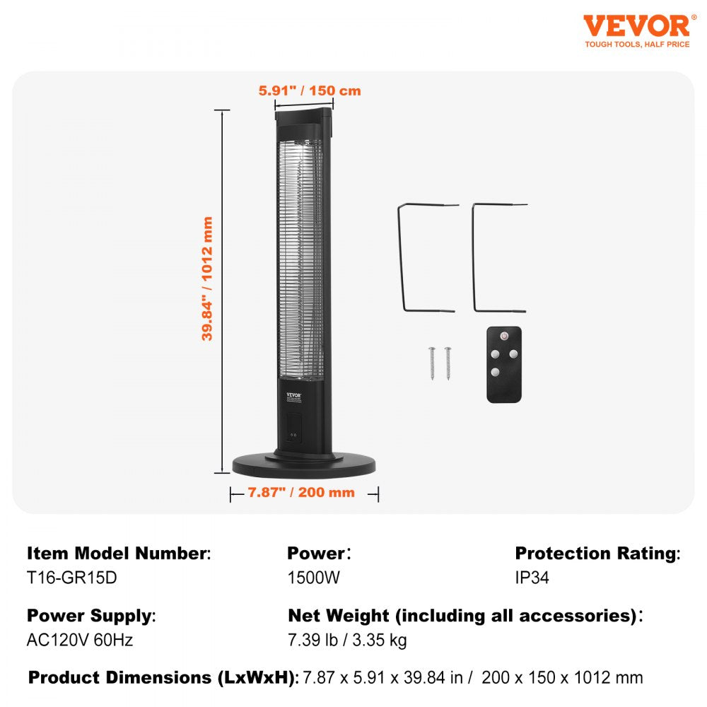 Vevor Infrared Heater 1500W Electric Space Patio Heater with Remote Control and Stand 40" New