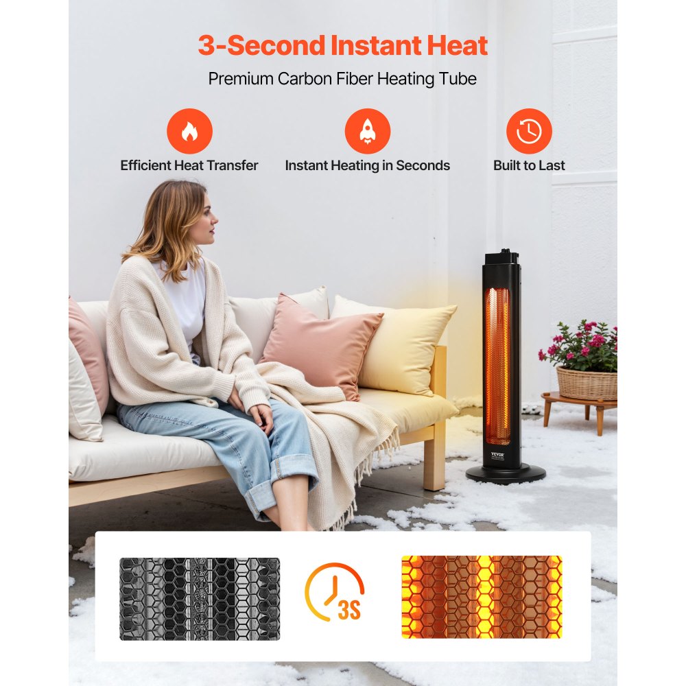 Vevor Electric Space Heater Infrared Tower 1500W Remote Control 3 Speeds 24H Timer New