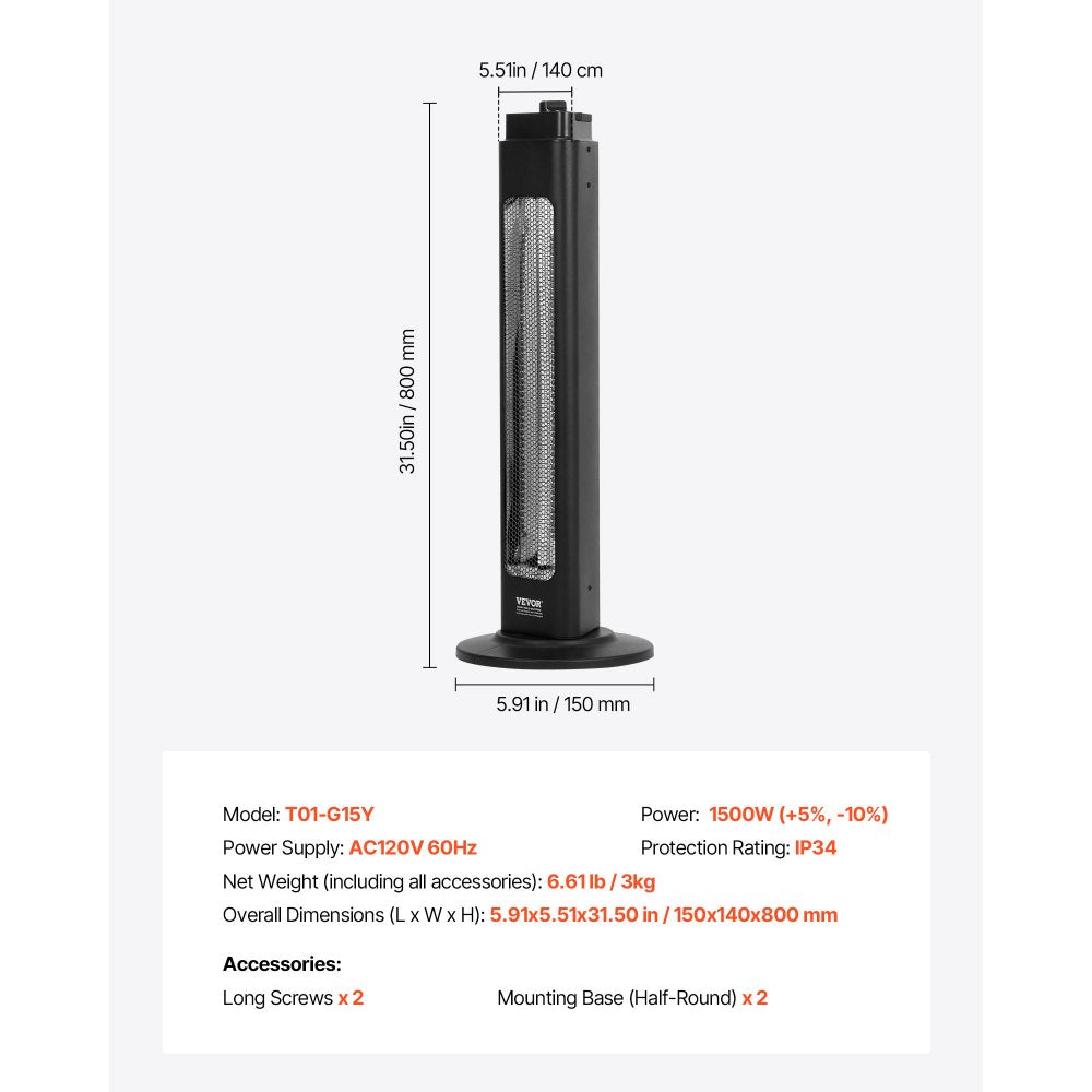 Vevor Electric Space Heater Infrared Tower 1500W Remote Control 3 Speeds 24H Timer New