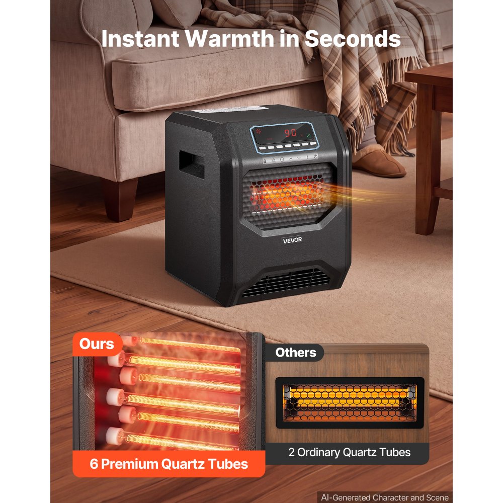 Vevor Infrared Heater 1500W Electric Space Heater with Remote Control Black New