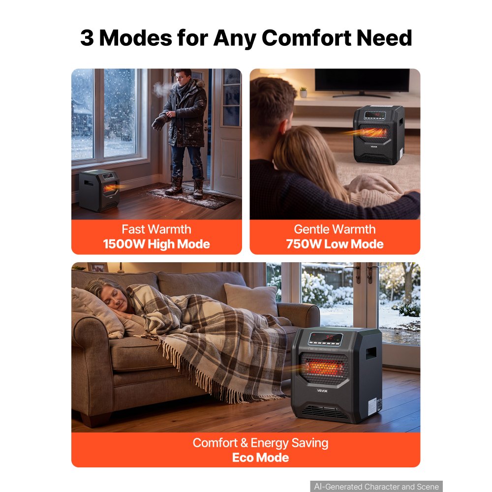 Vevor Infrared Heater 1500W Electric Space Heater with Remote Control Black New