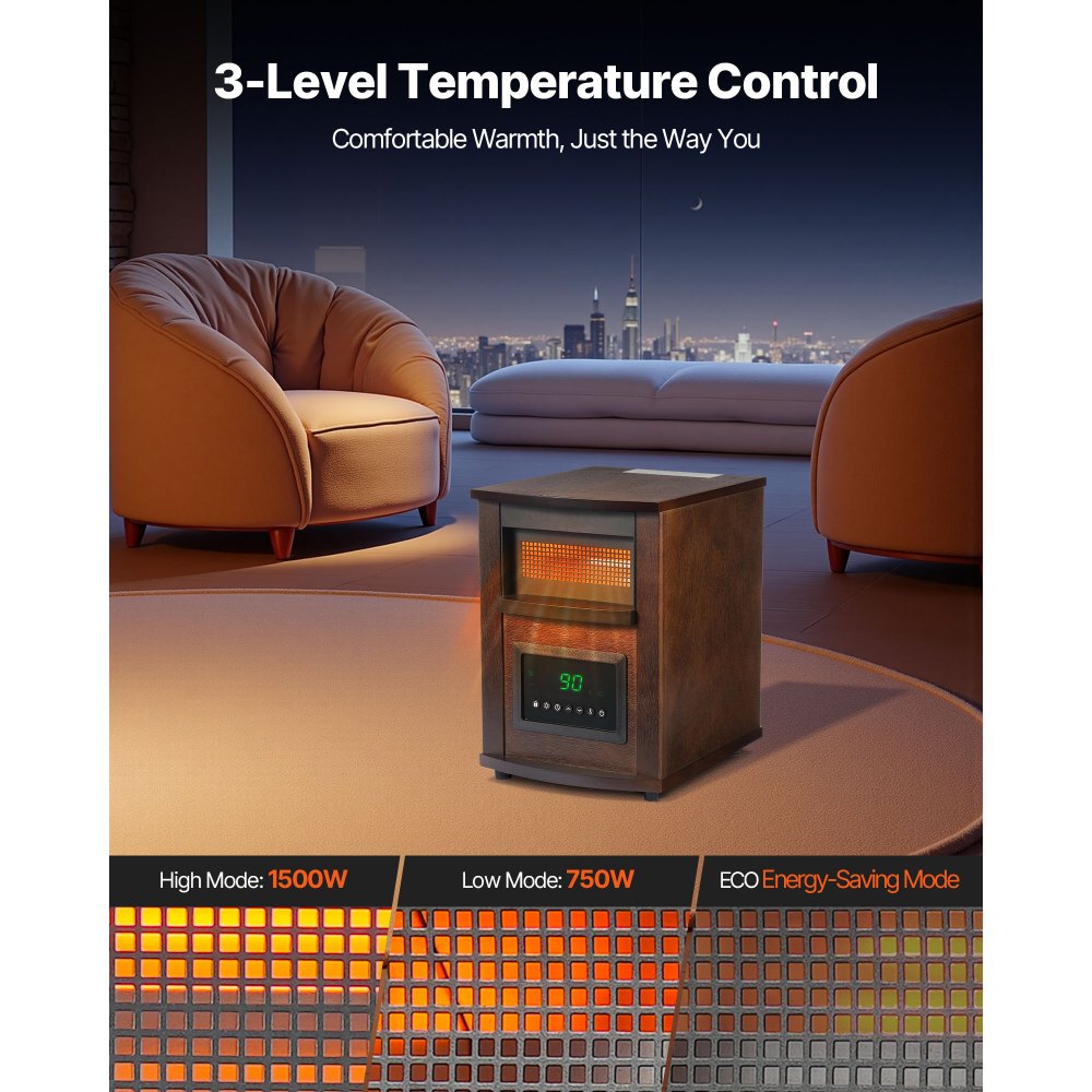 Vevor Infrared Heater 1500W Electric Space Heater with Remote Control LED Screen & 24H Timer New