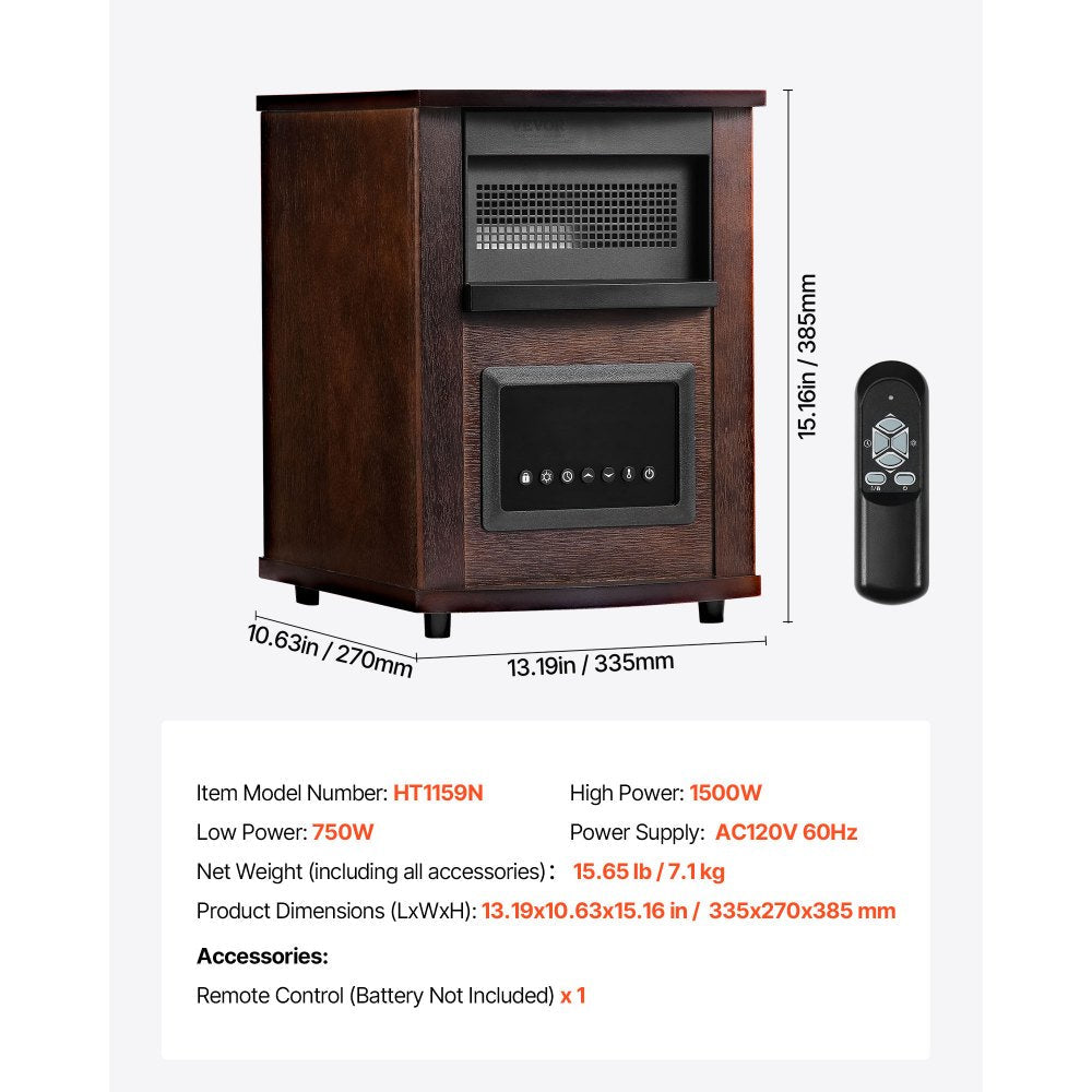 Vevor Infrared Heater 1500W Electric Space Heater with Remote Control LED Screen & 24H Timer New
