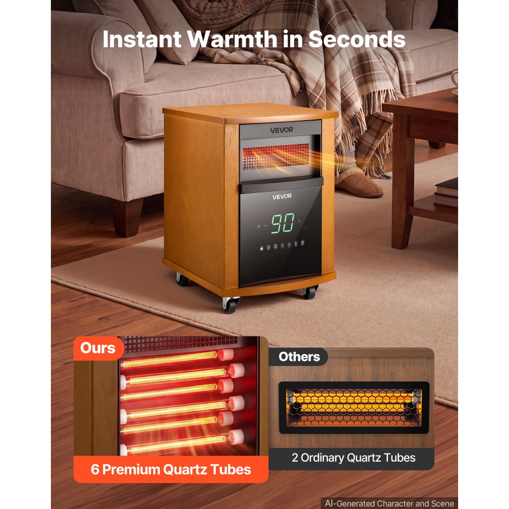 Vevor Infrared Heater 1500W Electric Space Heater with Remote Control Light Wood New