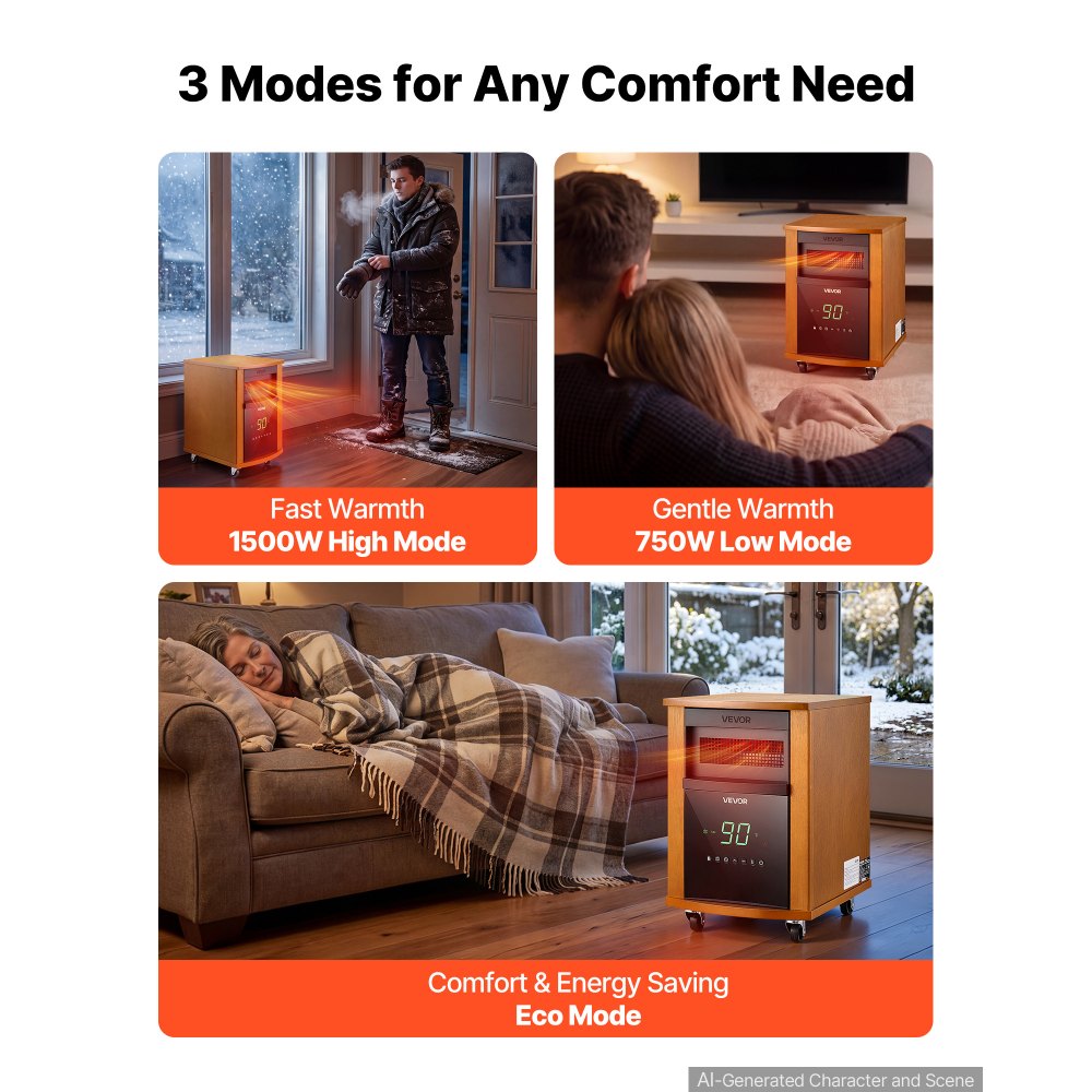 Vevor Infrared Heater 1500W Electric Space Heater with Remote Control Light Wood New