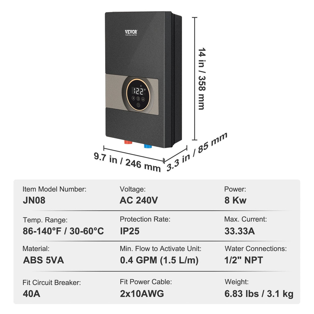 Vevor Electric Tankless Water Heater 8kW with Digital Temp Display 240V New
