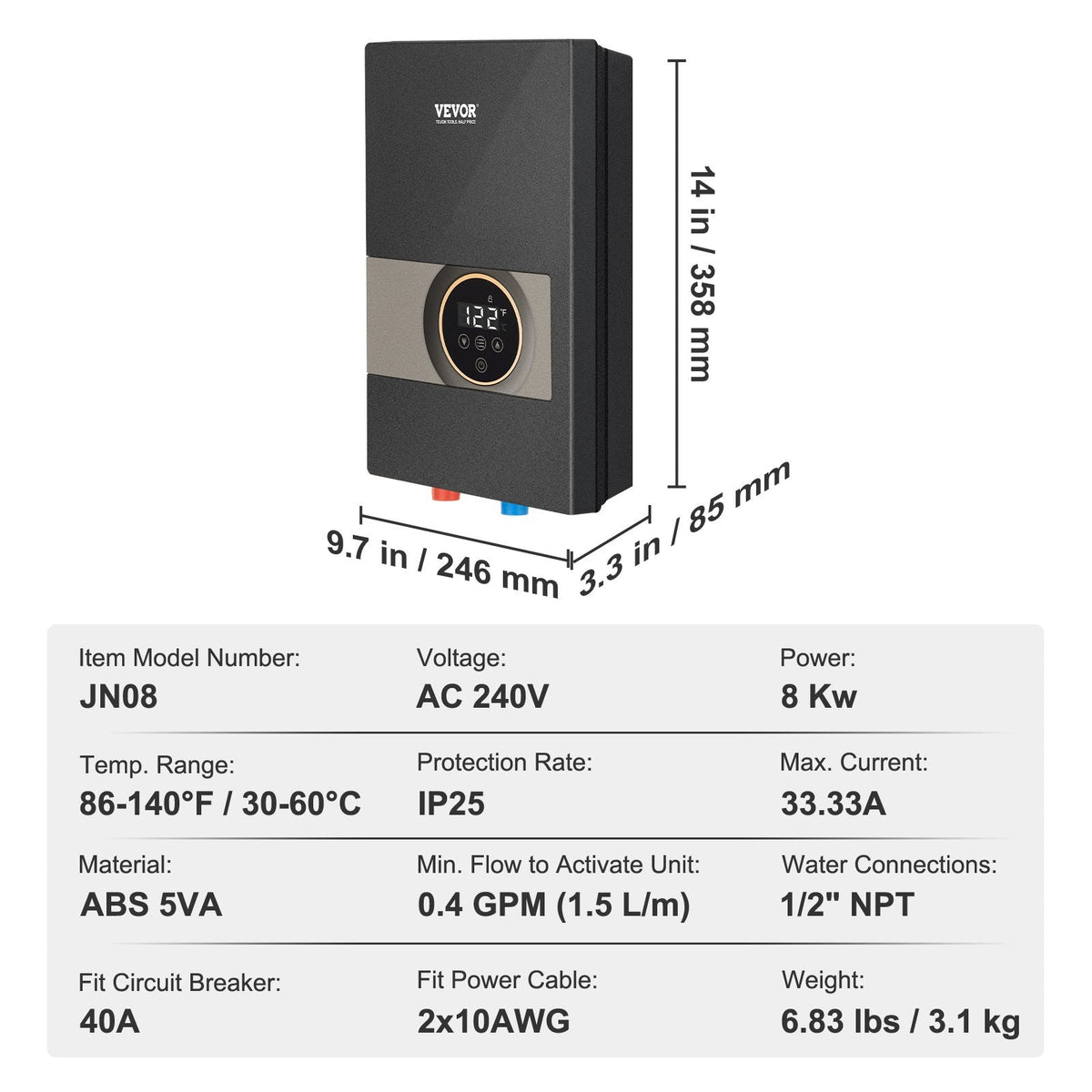 Vevor Electric Tankless Water Heater 8kW with Digital Temp Display 240V New