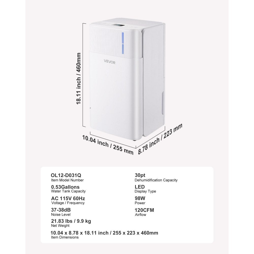 Vevor Dehumidifier 30-Pint Smart Humidity Control for Home & Basement New