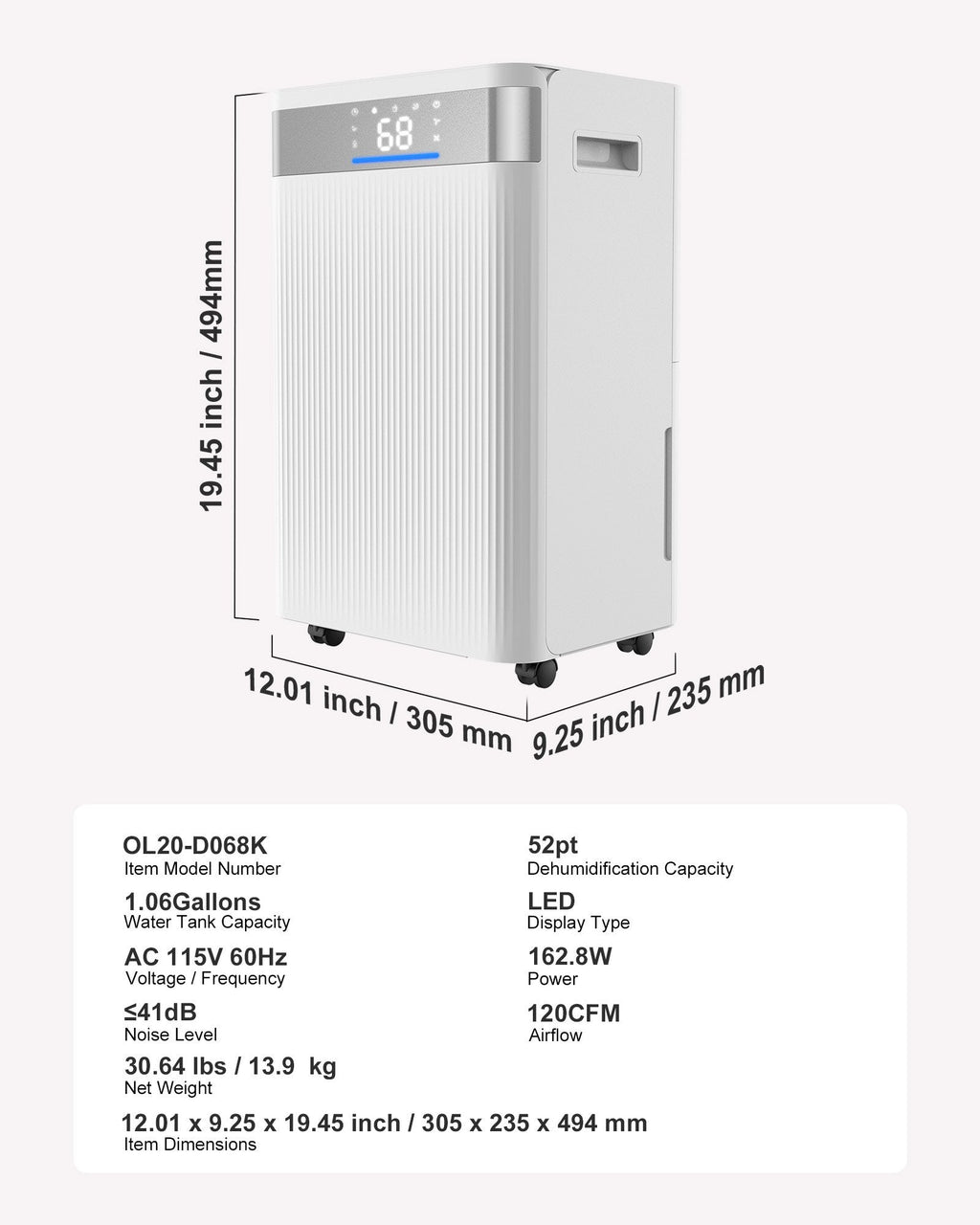 Vevor Dehumidifier 52 Pints 4000 Sq. Ft. Smart Humidity Control Low Noise New