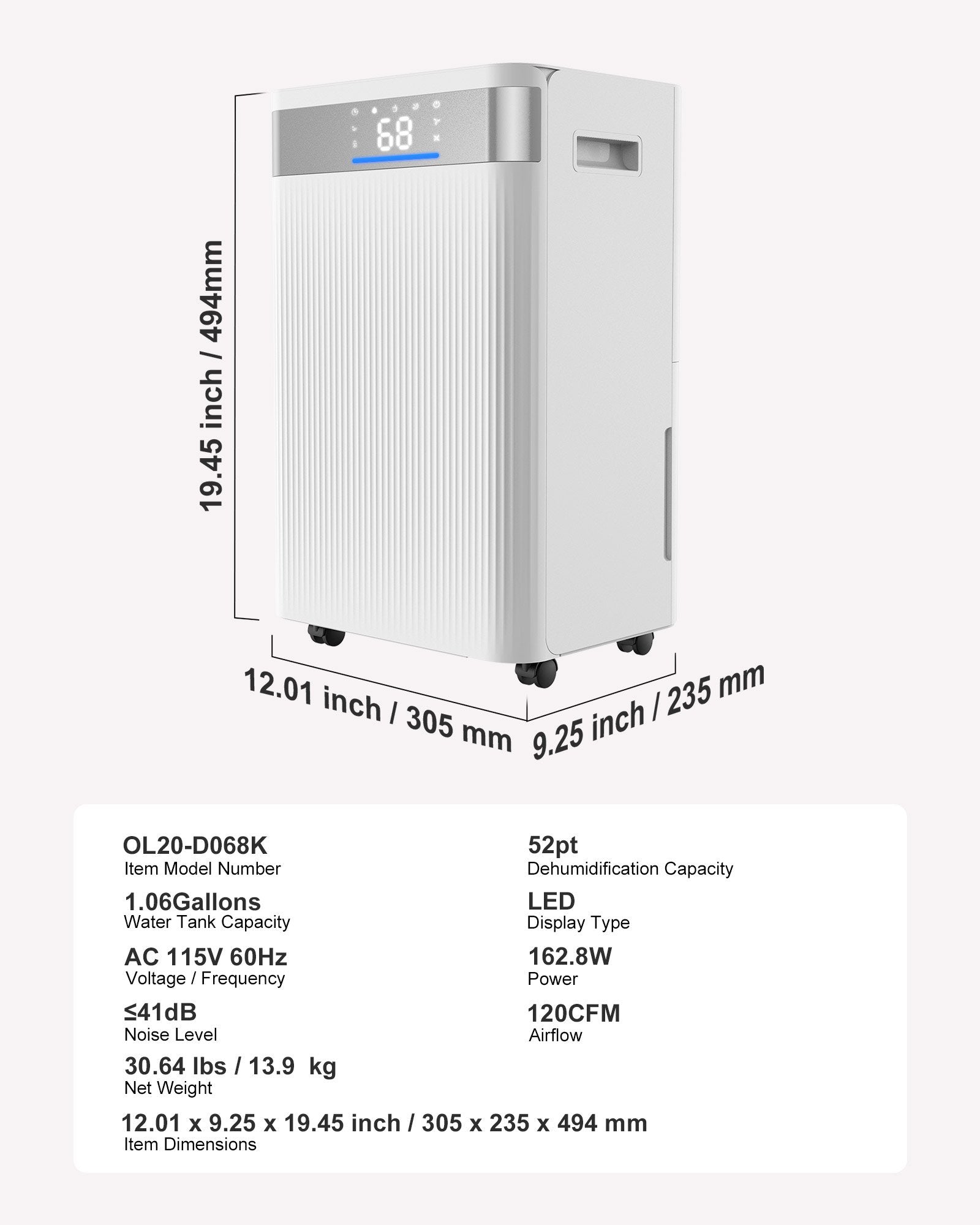 Vevor Dehumidifier 52 Pints 4000 Sq. Ft. Smart Humidity Control Low Noise New