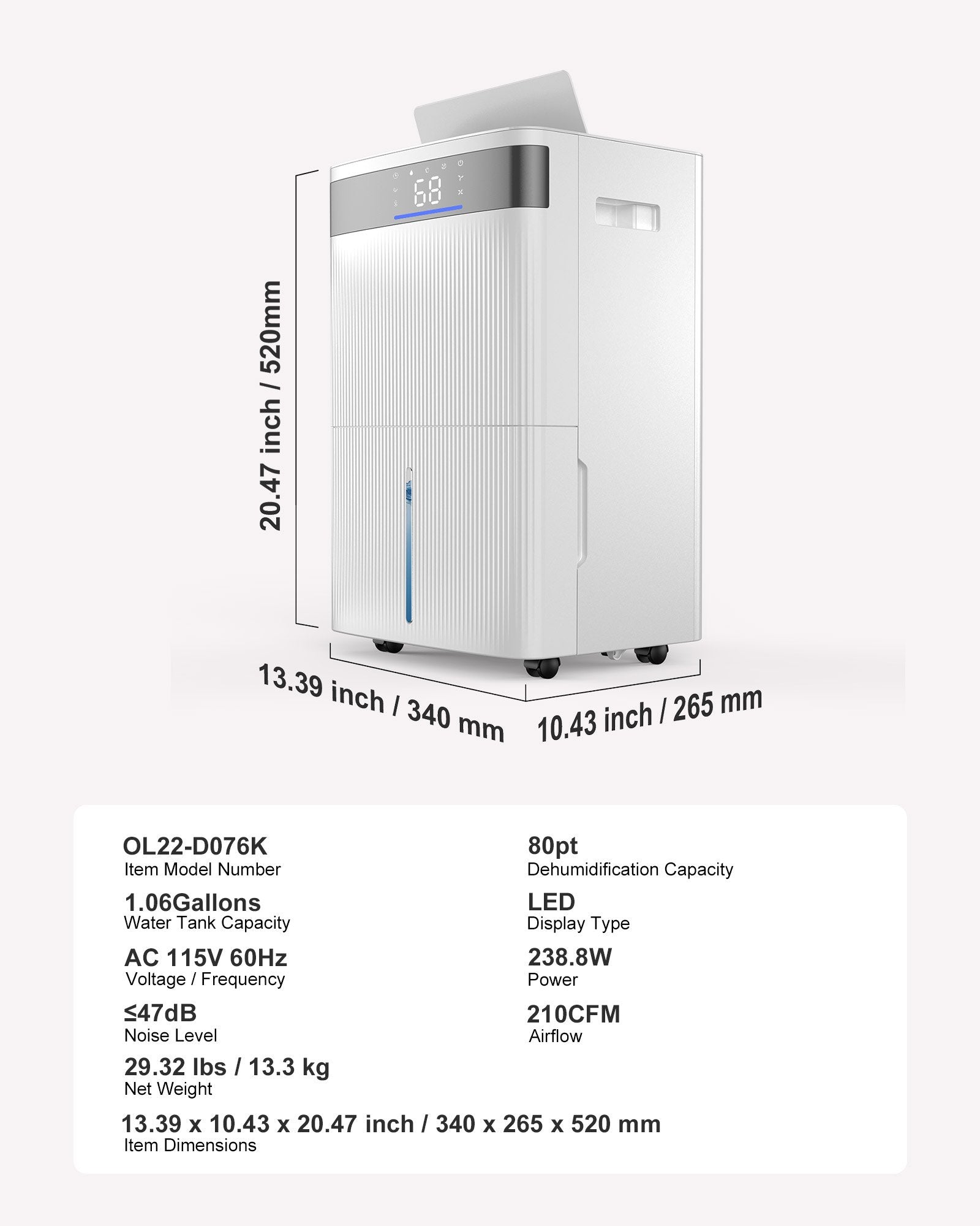 Vevor Dehumidifier 80 Pints 4500 Sq. Ft. Low Noise with LED Display New
