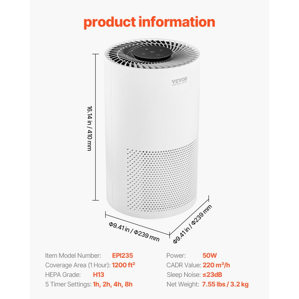 Vevor Air Purifier H13 HEPA Smart 1200 ft²/h for Home & Office New