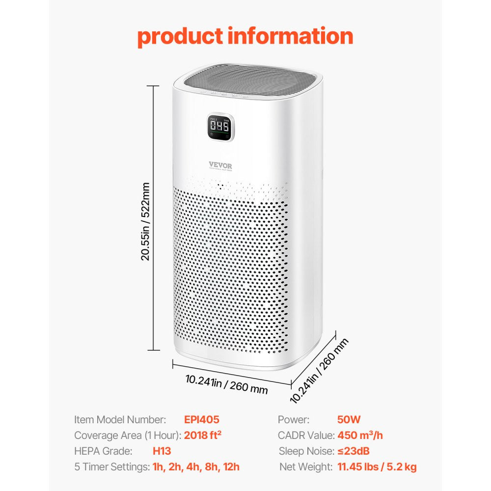 Vevor Air Purifier Smart H13 HEPA 2018 ft²/h Home Office New