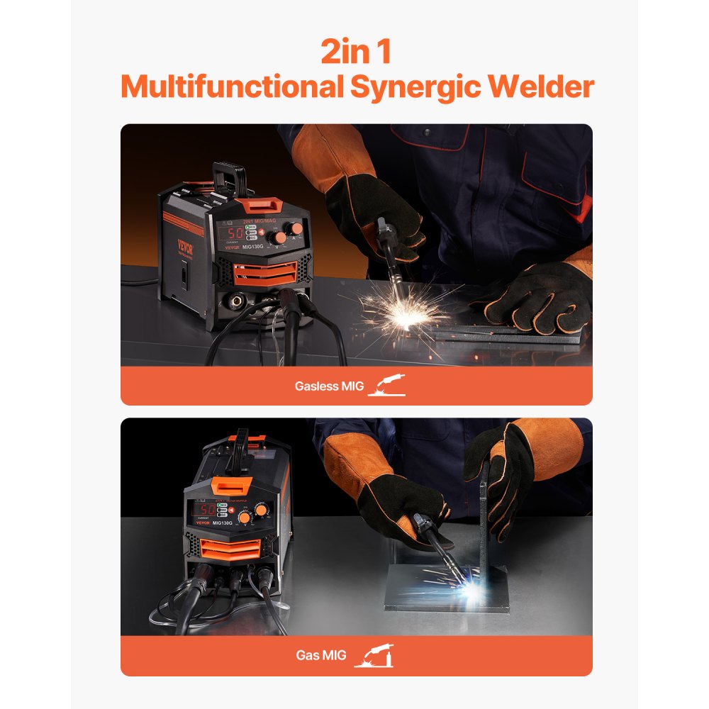 Vevor MIG Welder 130A Synergic 2-in-1 Gas MIG/Gasless Flux Core Portable Welding Machine New