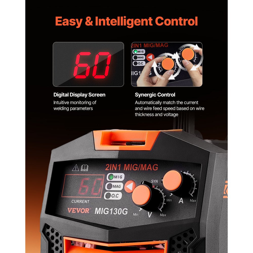 Vevor MIG Welder 130A Synergic 2-in-1 Gas MIG/Gasless Flux Core Portable Welding Machine New