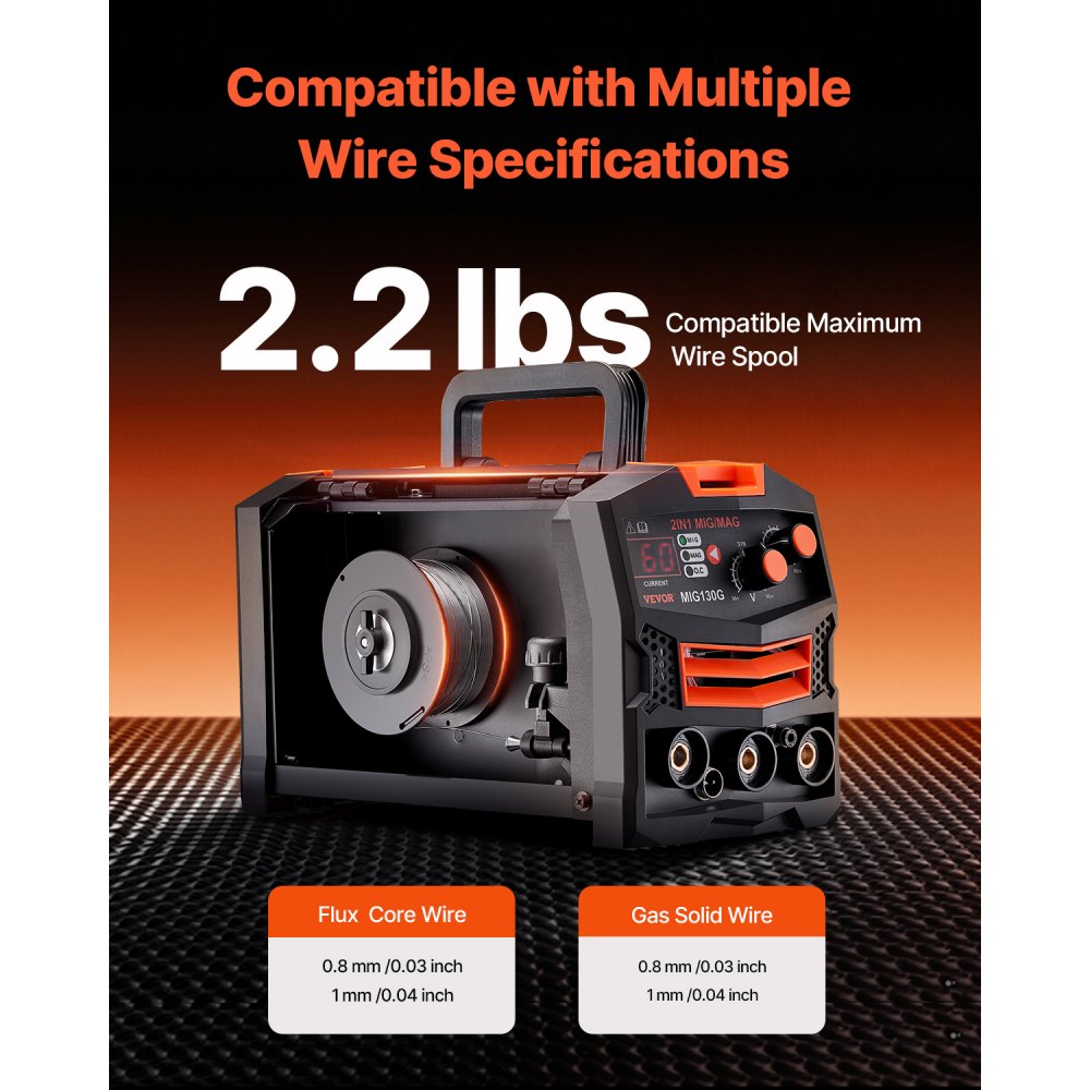 Vevor MIG Welder 130A Synergic 2-in-1 Gas MIG/Gasless Flux Core Portable Welding Machine New