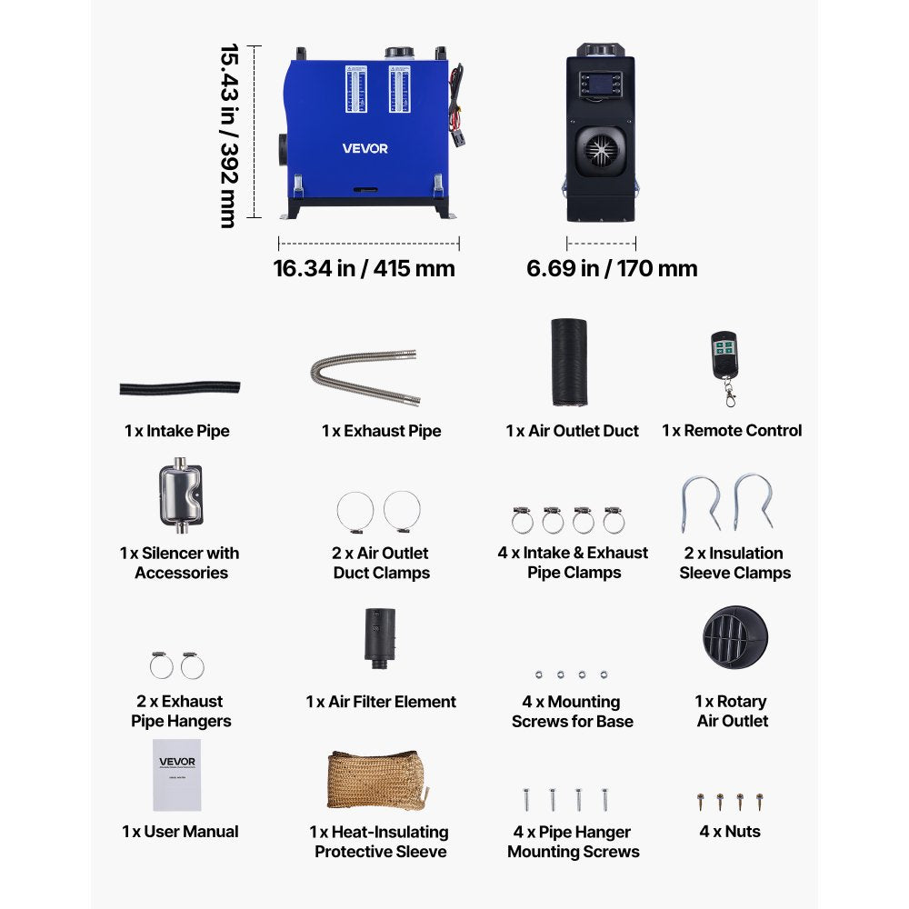 Vevor Diesel Heater Portable 8KW 12V/24V Air Heater with Remote Control and LCD Screen New