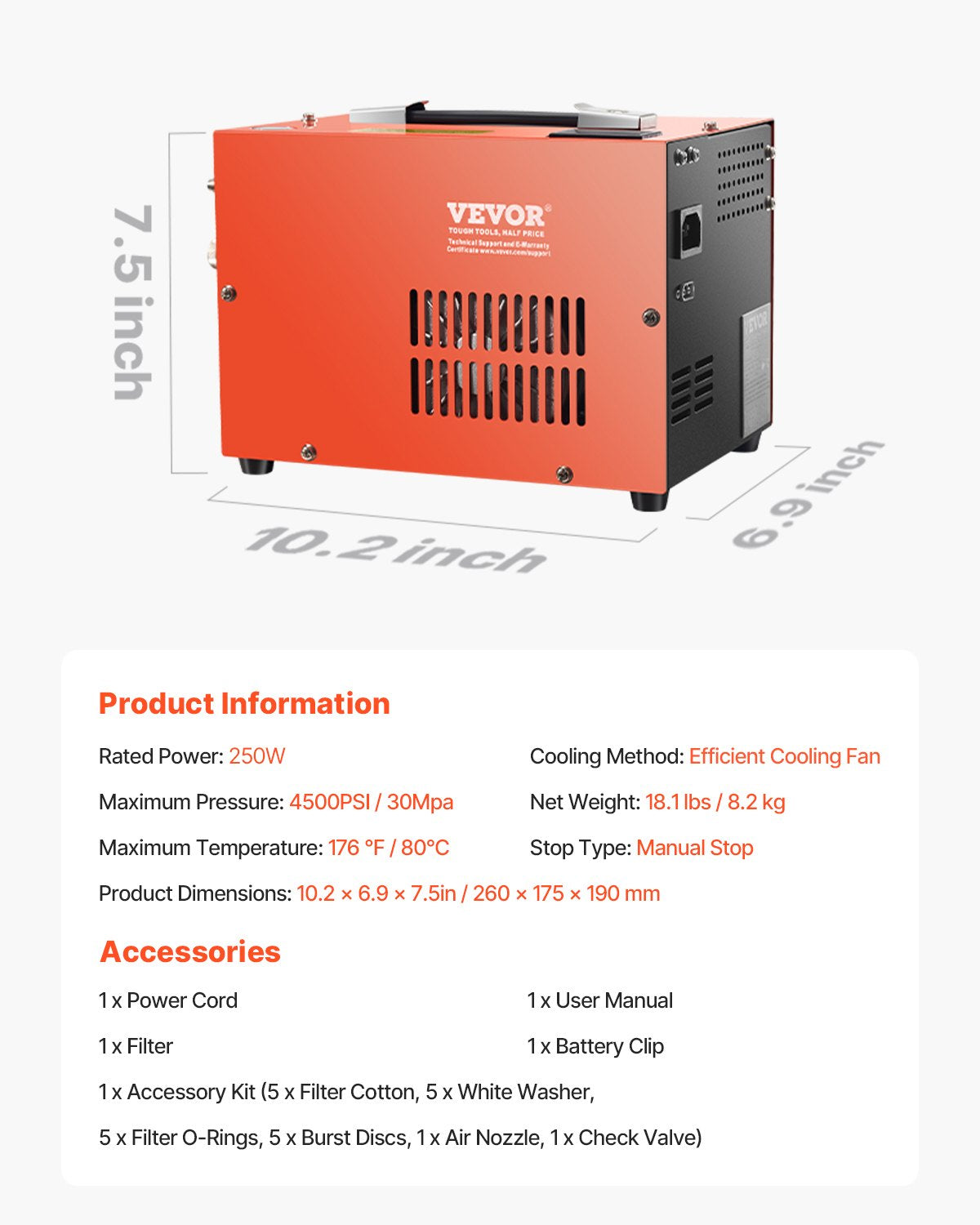 Vevor PCP Air Compressor 4500 PSI with Built-in Converter Manual Stop DC12V/AC120V New