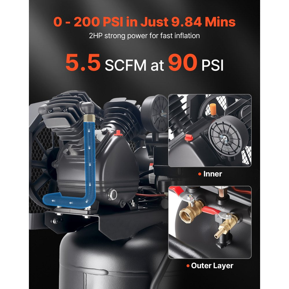 Vevor Air Compressor 25-Gallon 2HP 5.5 SCFM 200 PSI Oil-Lubricated Vertical Portable New