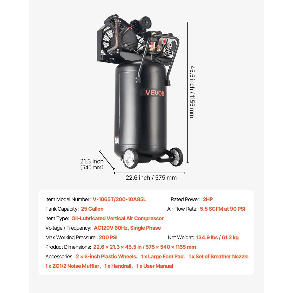 Vevor Air Compressor 25-Gallon 2HP 5.5 SCFM 200 PSI Oil-Lubricated Vertical Portable New