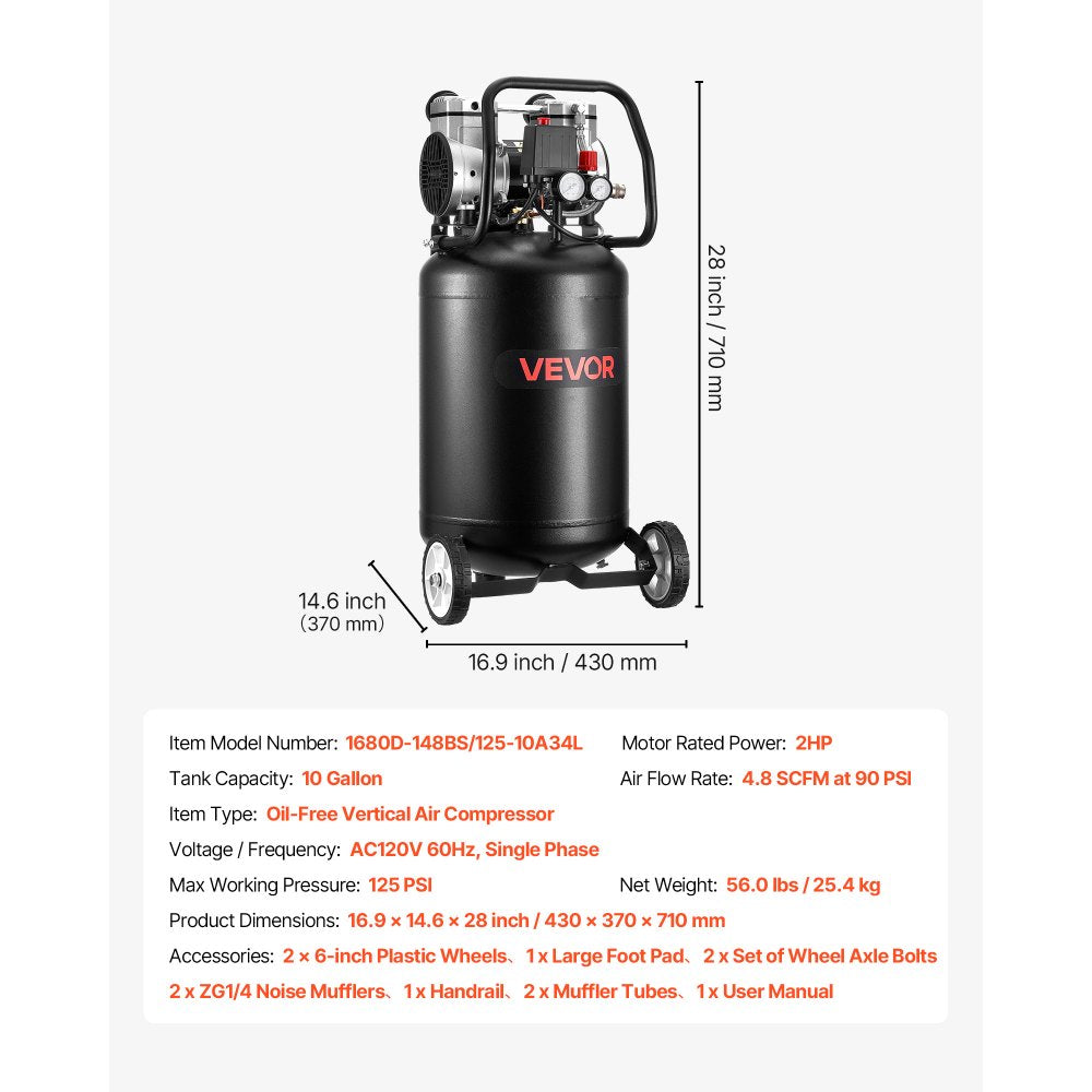 Vevor Air Compressor 10-Gallon 2 HP Oil-Free Vertical Portable 125 PSI 120V New
