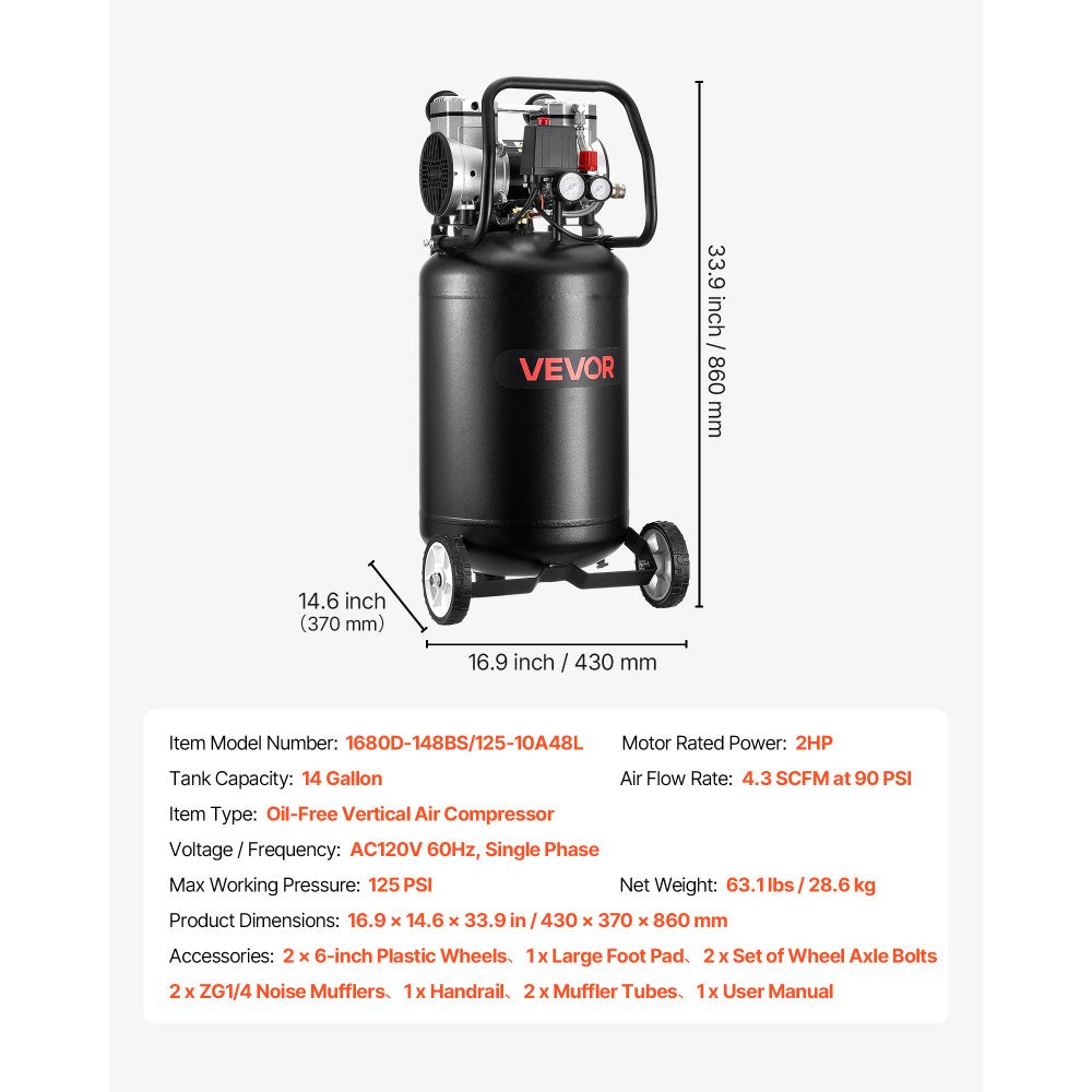 Vevor Air Compressor 14-Gallon 2 HP Oil-Free Vertical Portable on Wheels New