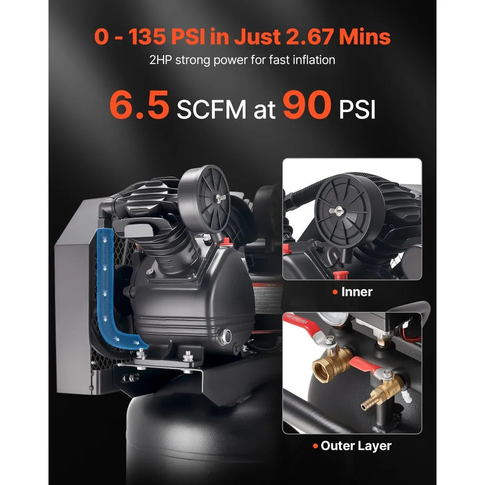 Vevor Air Compressor 20-Gallon 2 HP Oil-Lubricated Vertical on Wheels 135 PSI New