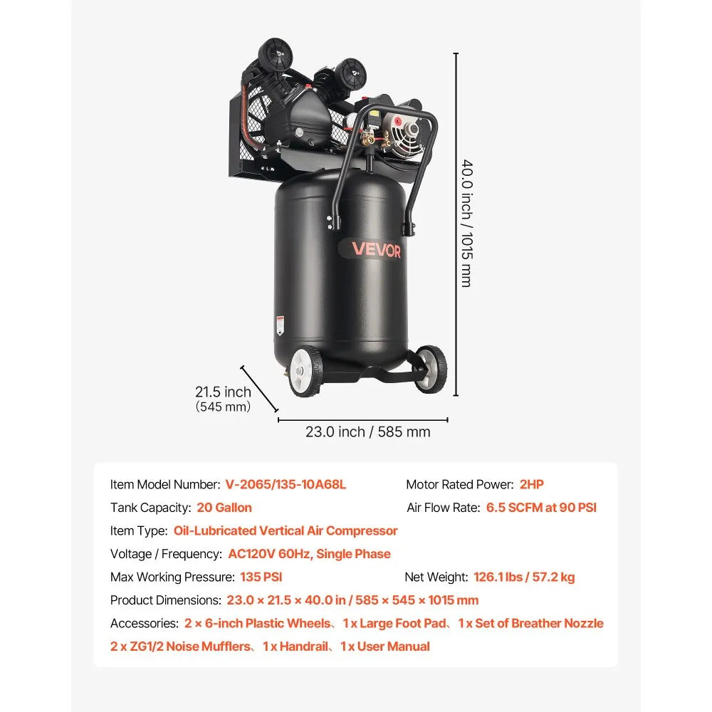 Vevor Air Compressor 20-Gallon 2 HP Oil-Lubricated Vertical on Wheels 135 PSI New