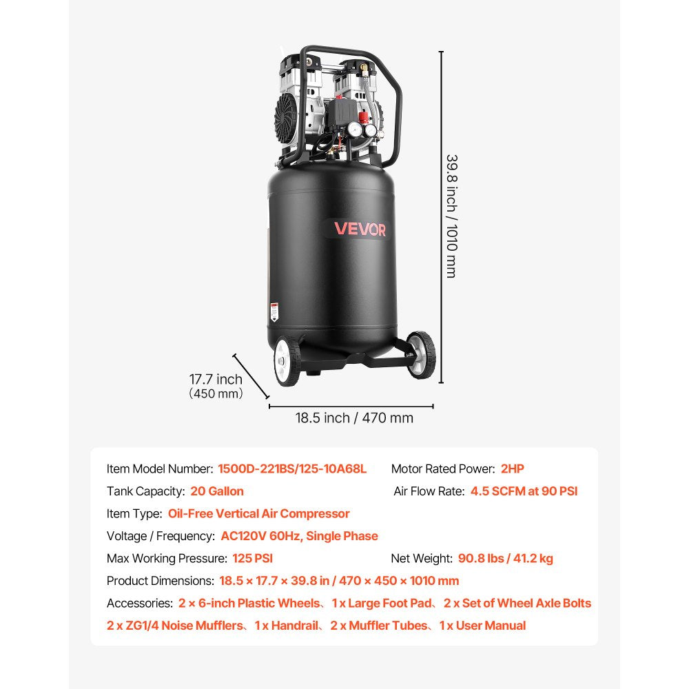 Vevor Air Compressor 20-Gallon Portable Oil-Free Vertical 2HP 125 PSI New