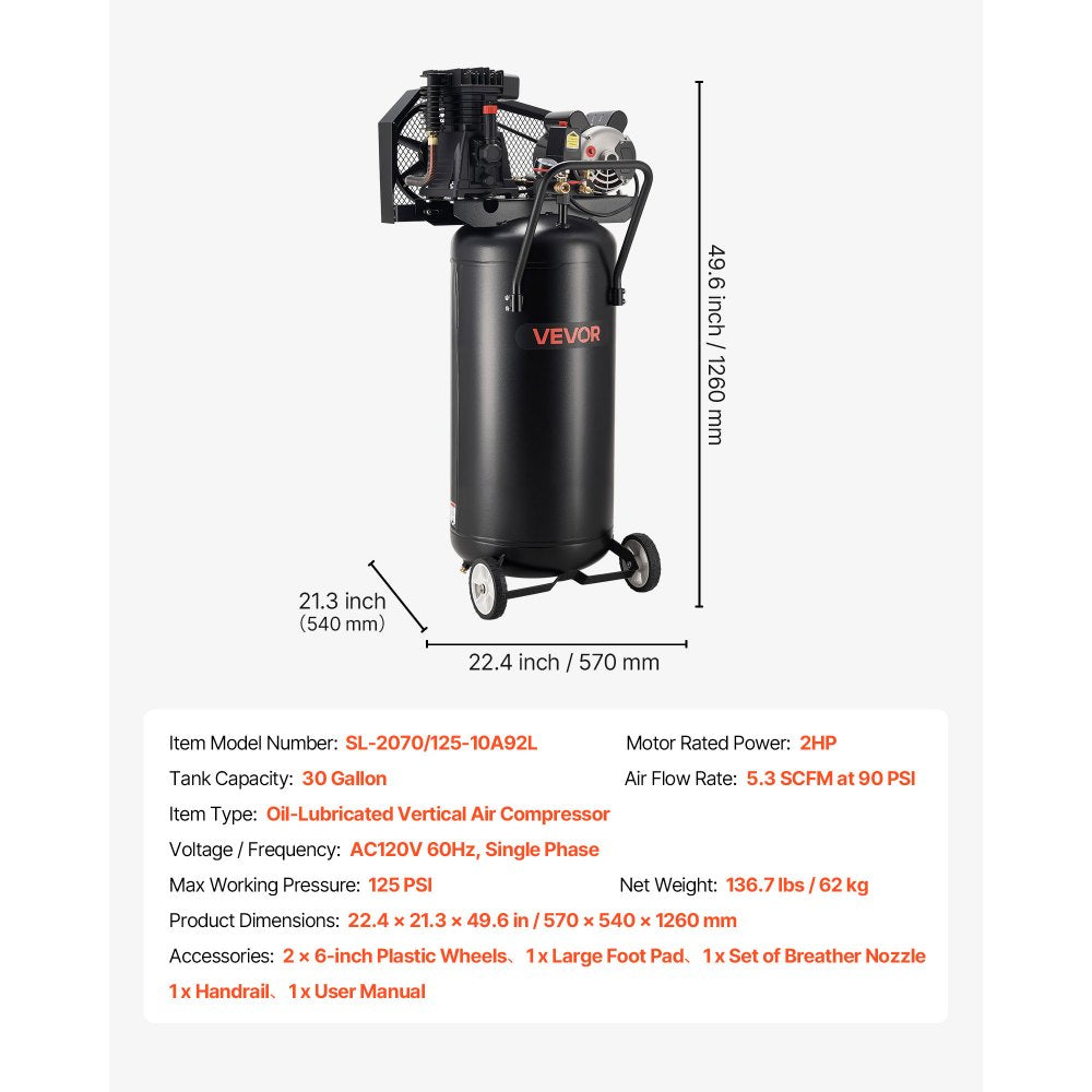 Vevor Air Compressor 30-Gallon Oil-Lubricated Vertical on Wheels 120V New